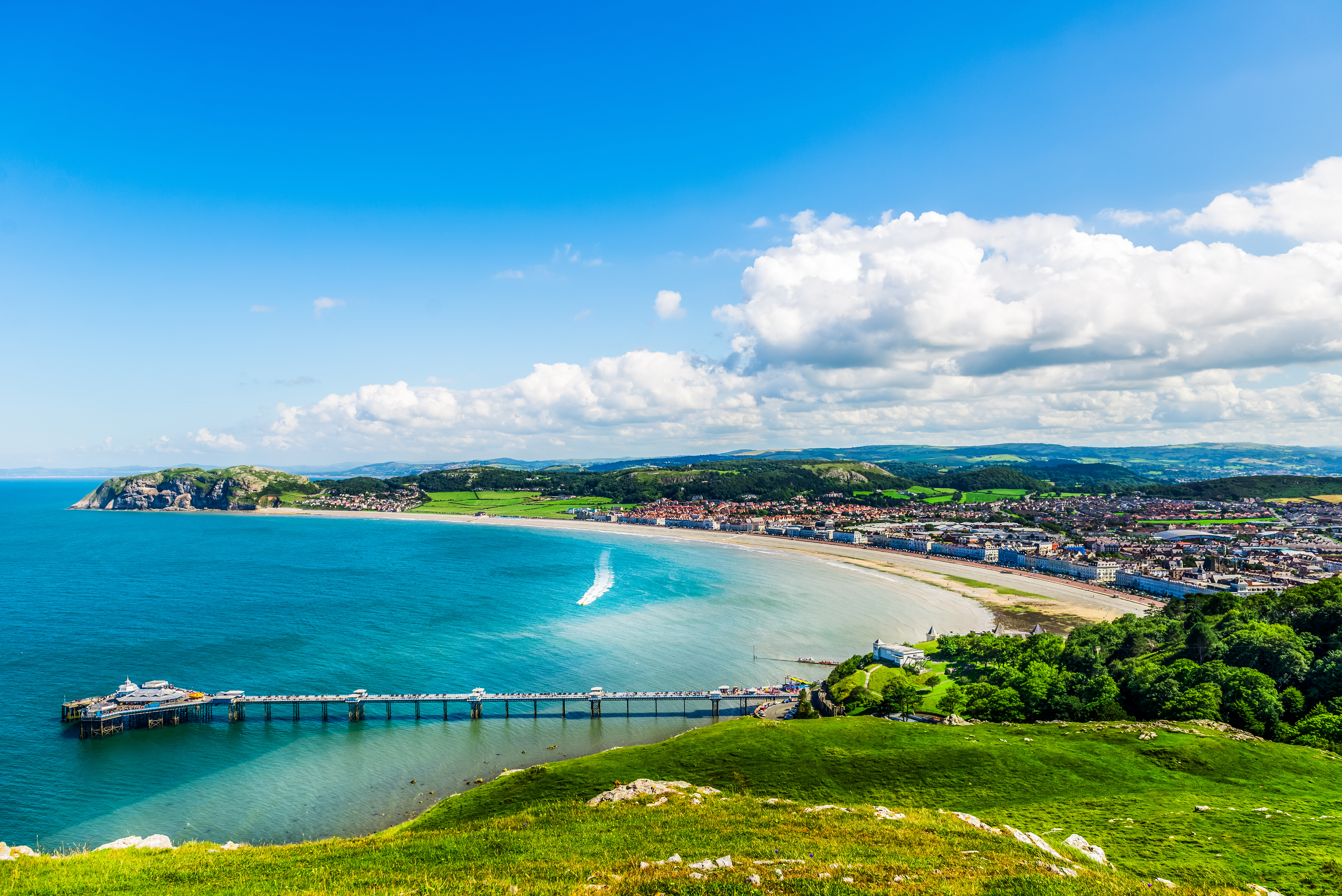 Llandudno bay, with the Great Orme and the railway line curving in from the Conwy estuary